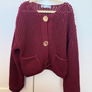 Zara Deep Red Chunky Knit Cardigan Size Small